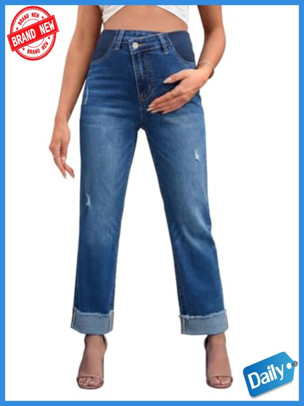 Maternity Jeans Crisscross Waist High Rise Elastic Stretchable Denim Cuffed Hem